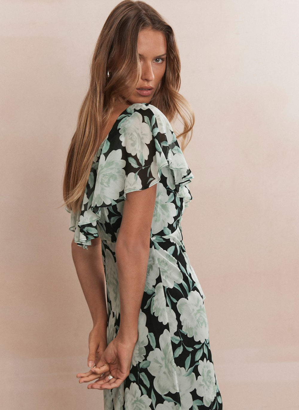Green Floral Print Ruffle Midi Dress