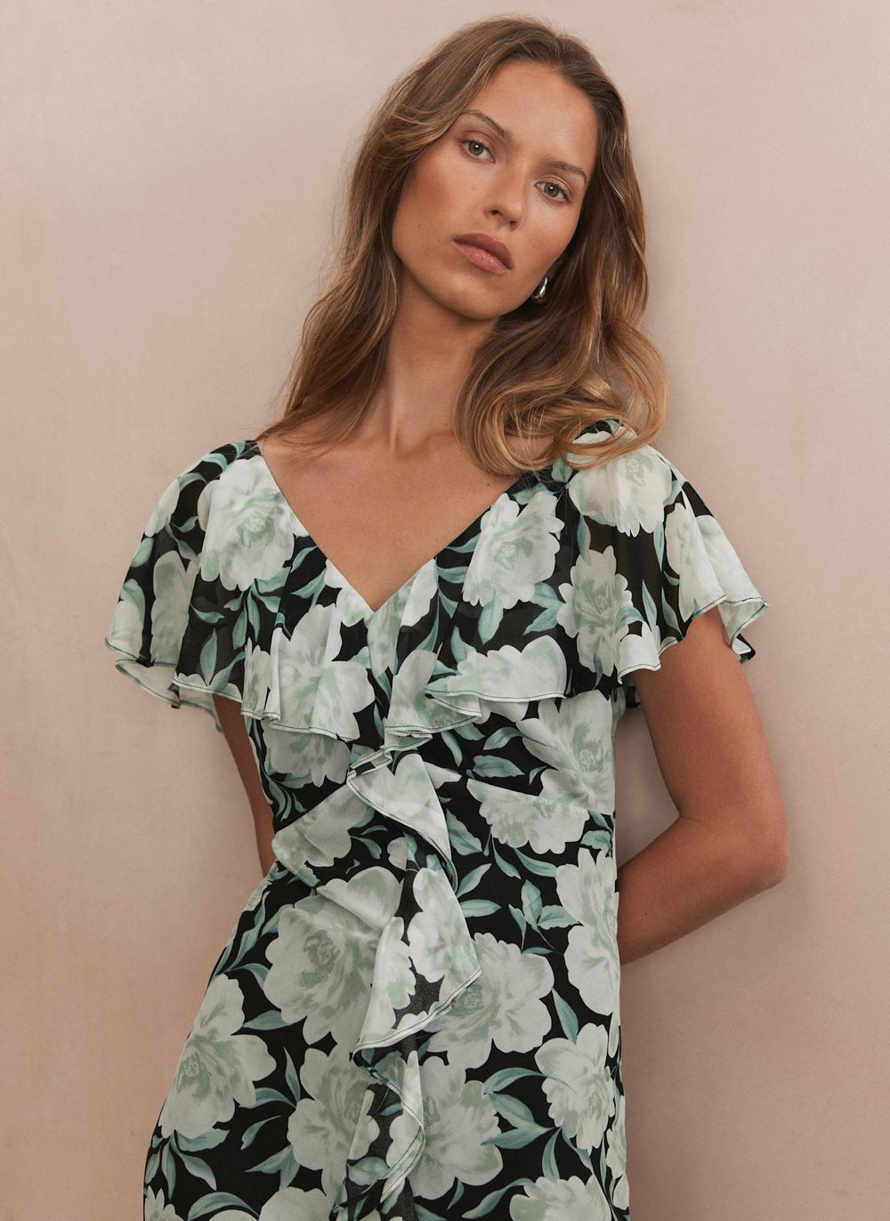 Green Floral Print Ruffle Midi Dress