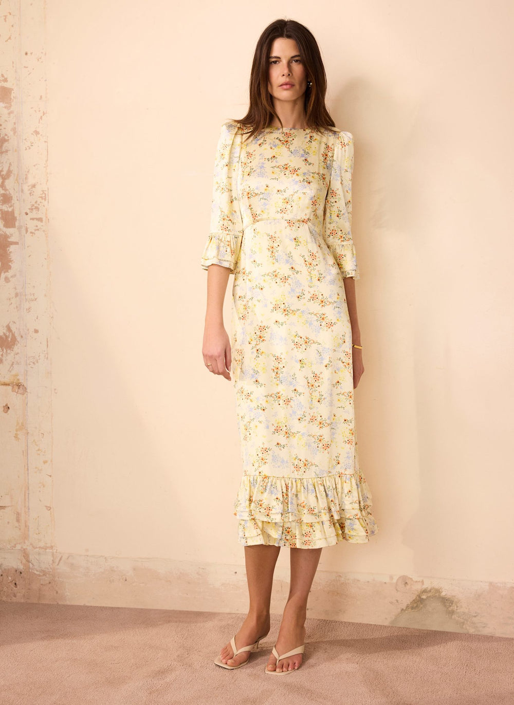 satin midi dress floral Mint Velvet Yellow Floral Print Satin Midi Dress | Size 12 | Yellow | 3/4 Sleeve
