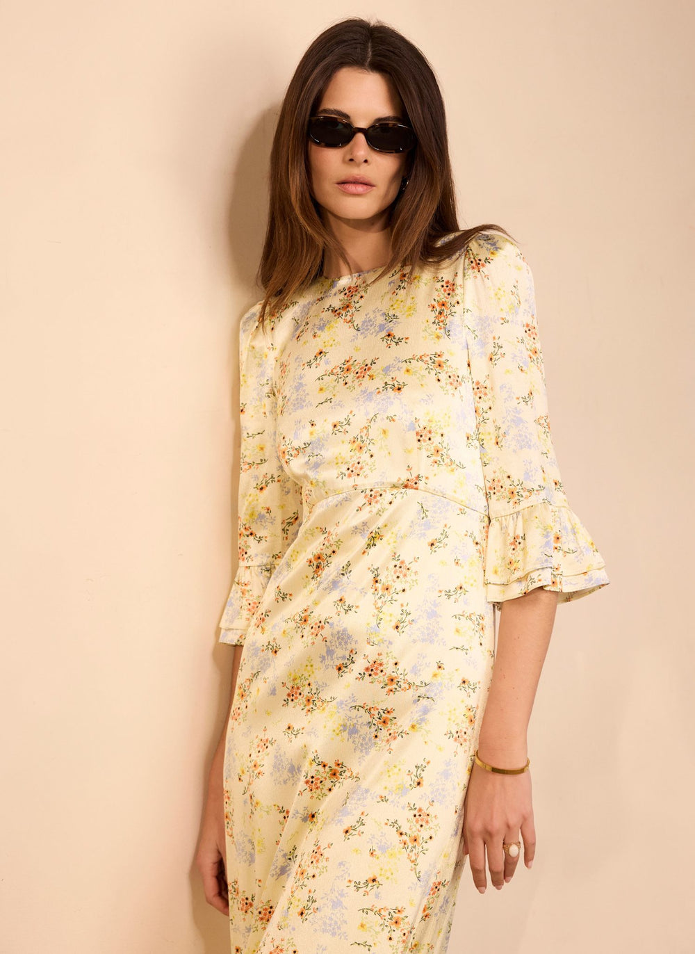 Yellow Floral Print Satin Midi Dress