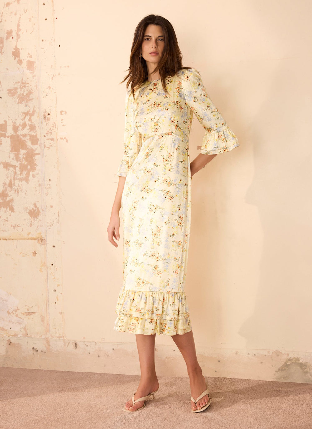 Mint Velvet Yellow Floral Print Satin Midi Dress | Size 04 | Yellow | 3/4 Sleeve