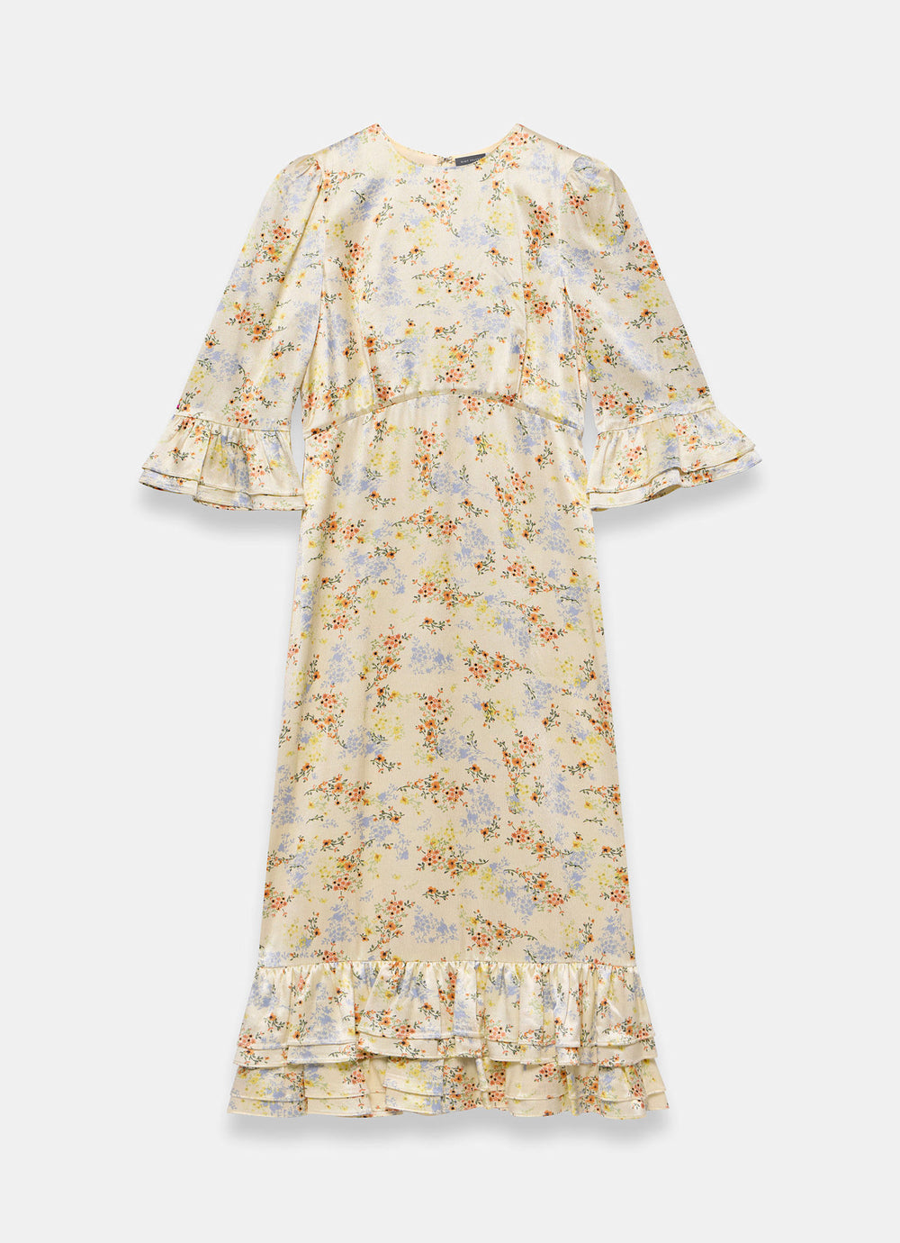 Mint Velvet Yellow Floral Print Satin Midi Dress | Size 12 | Yellow | 3/4 Sleeve | Crew Neck