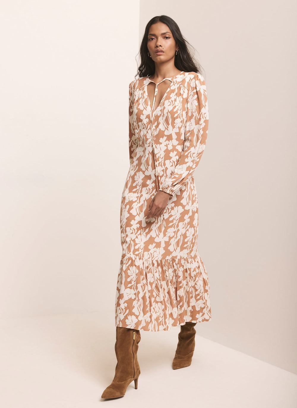 Neutral Floral Print Midi Dress