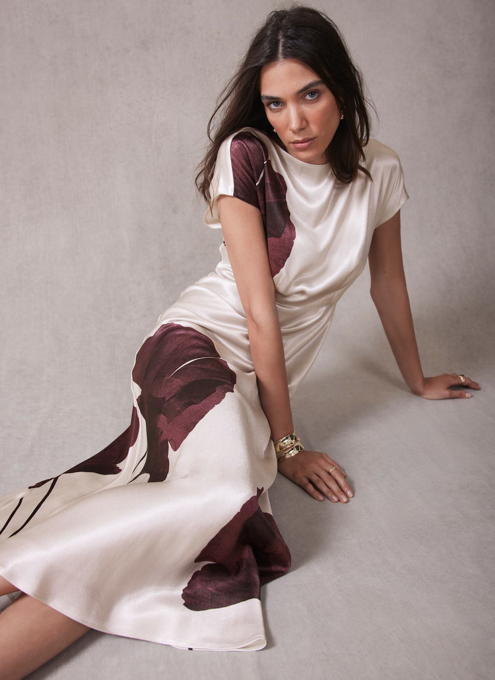 Burgundy Floral Print Satin Midi Dress