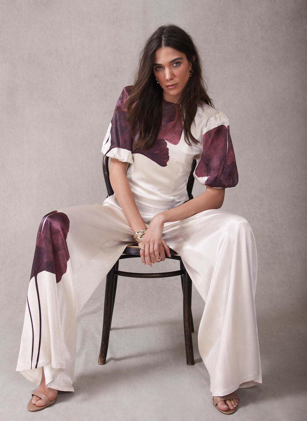 Burgundy Floral Print Satin Trouser