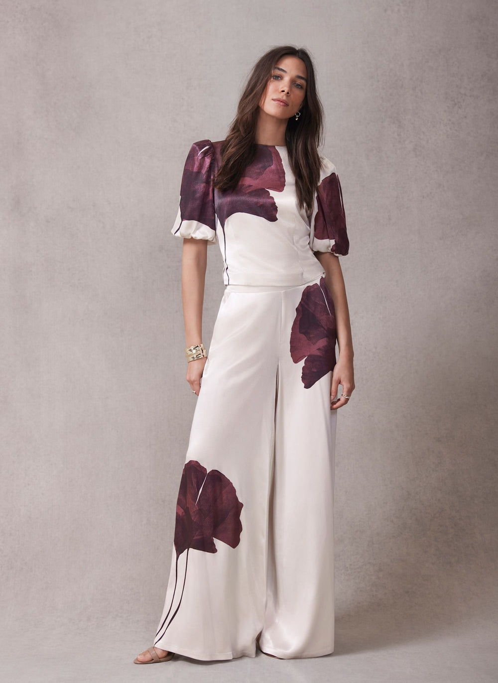 Burgundy Floral Print Satin Trouser