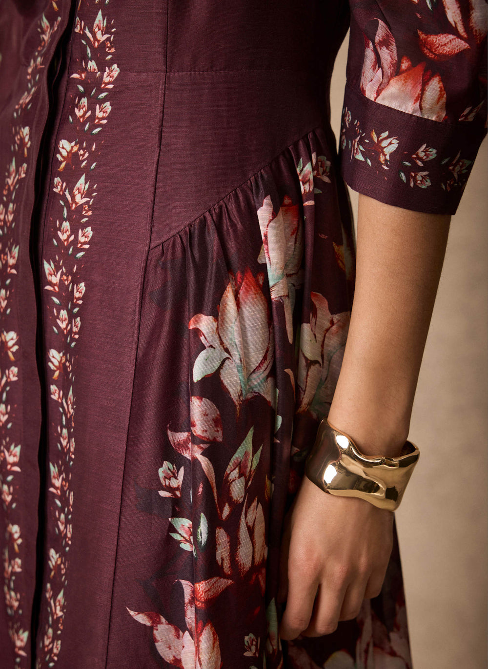 Burgundy Floral Midi Shirt Dress