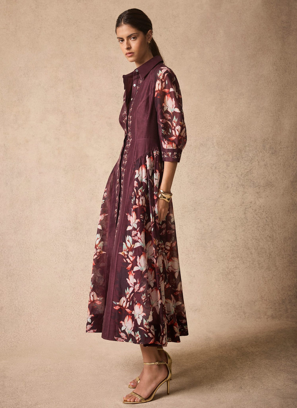 Burgundy Floral Midi Shirt Dress