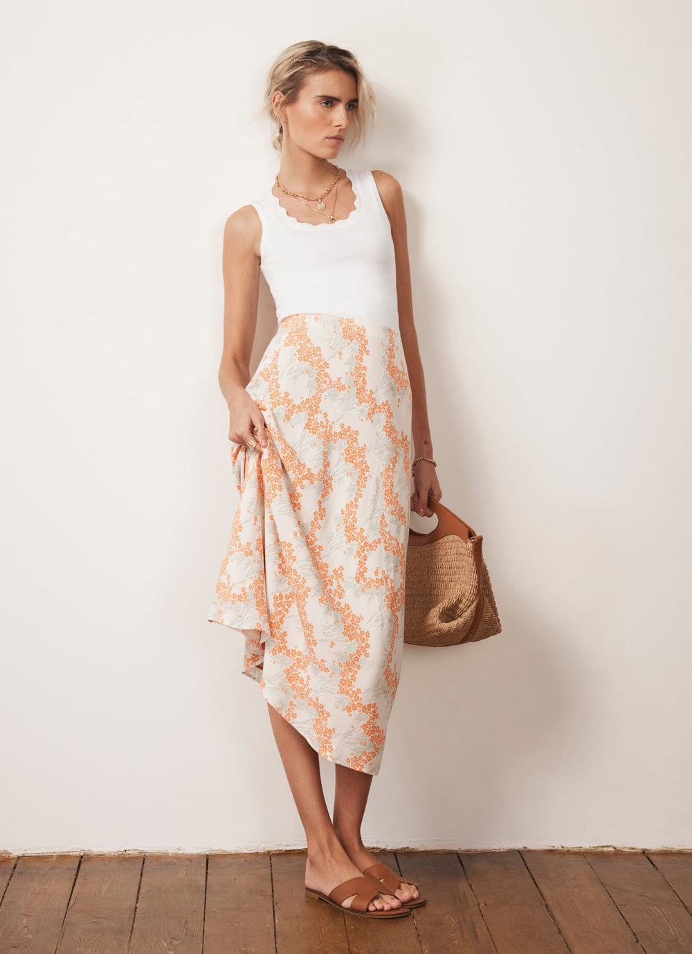Cream Floral Print Midi Slip Skirt