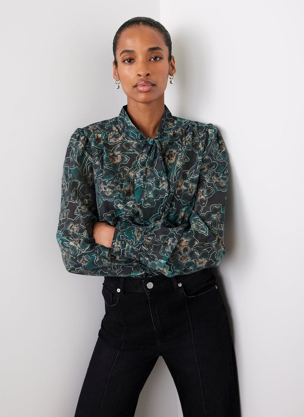 Green Floral Print Tie Neck Blouse