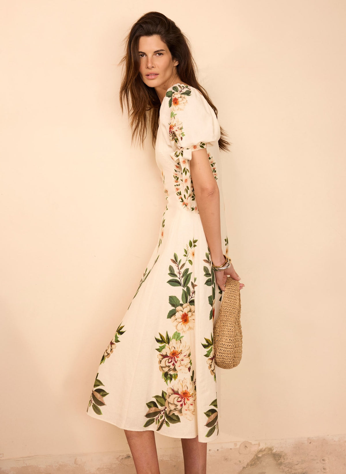 Mint Velvet Cream Beige Blend Floral Print Midi Dress | Size 12 | Cream | Short Sleeve