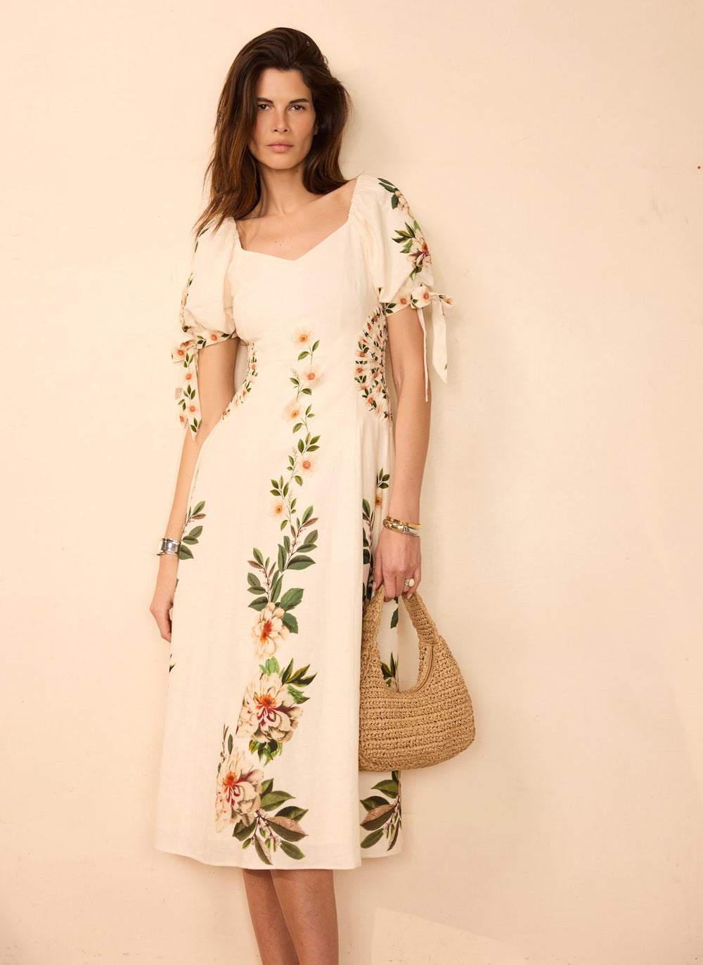 Mint Velvet Cream Beige Blend Floral Print Midi Dress | Size 12 | Cream | Short Sleeve