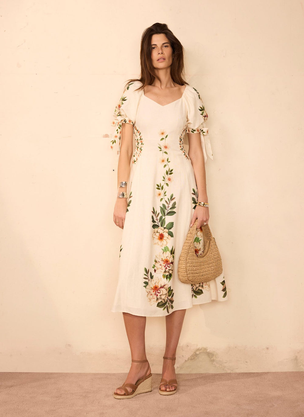 Cream Linen Blend Floral Print Midi Dress – Mint Velvet