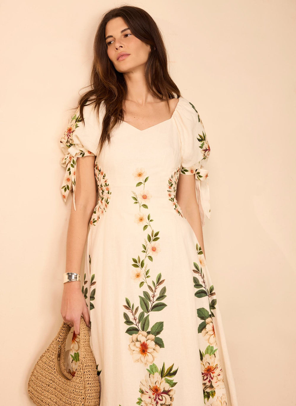 Mint Velvet Cream Beige Blend Floral Print Midi Dress | Size 12 | Cream | Short Sleeve | V Neck