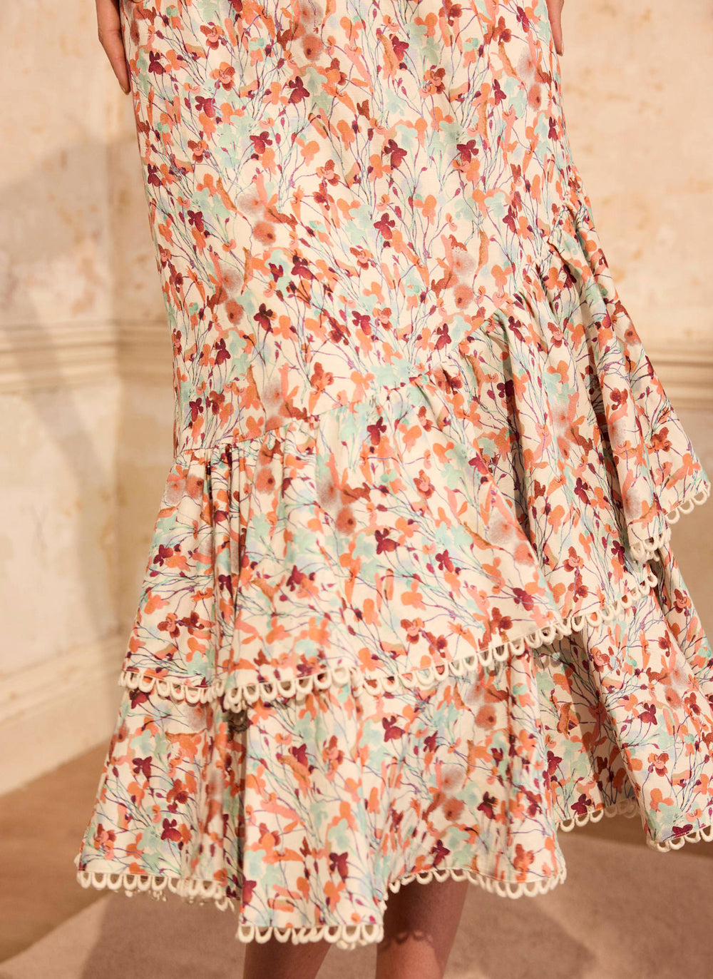 Orange Floral Print Linen Blend Ruffle Midi Dress Mint Velvet Orange Floral Print Linen Blend Ruffle Midi Dress Mint Velvet