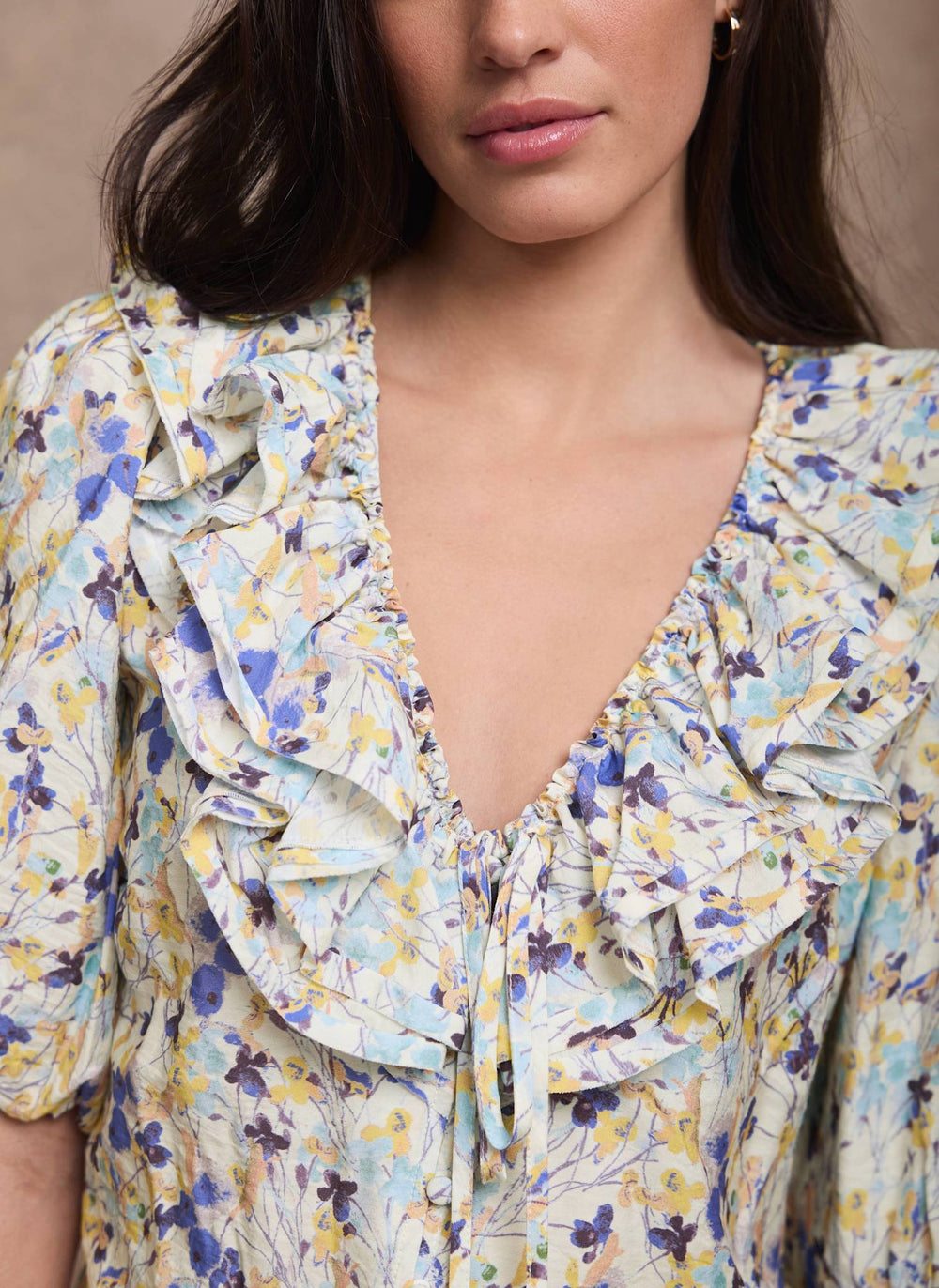 Blue Floral Ruffle Trim Blouse