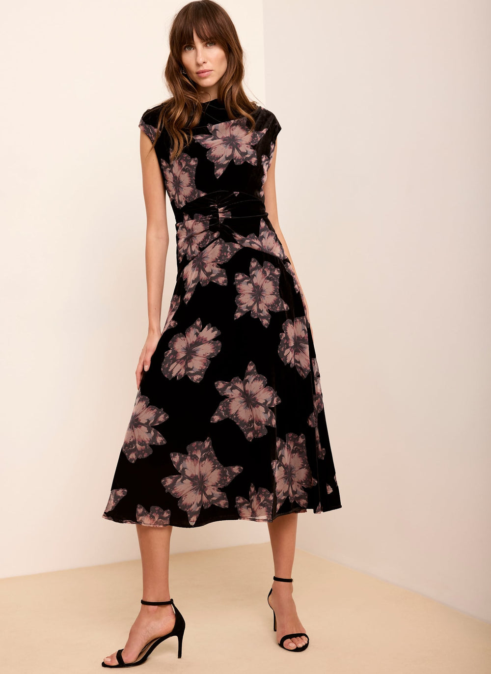Black Velvet Floral Midi Dress