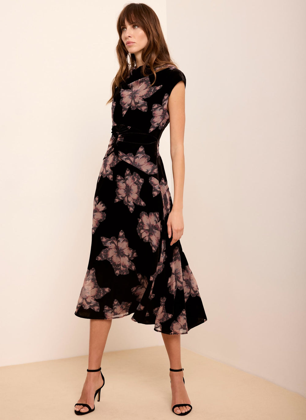 Black Velvet Floral Midi Dress