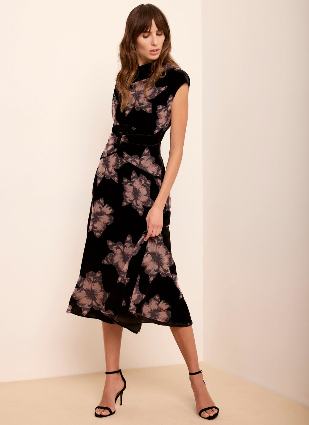 Black Velvet Floral Midi Dress