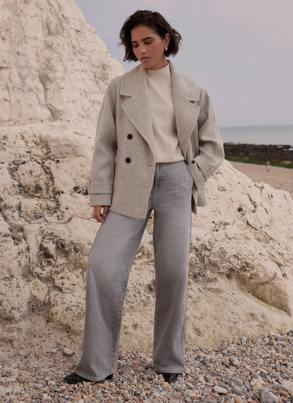 Grey Double Breasted Textured Coat