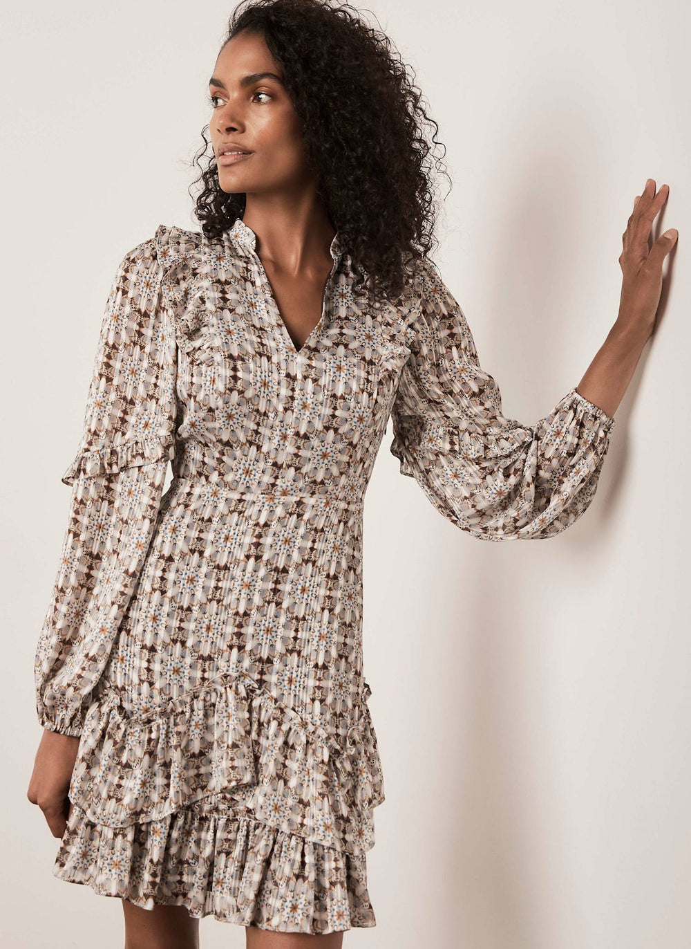 Neutral Print Ruffle Mini Dress