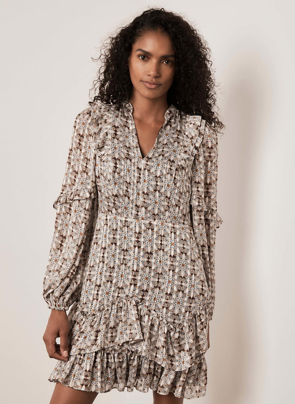 Neutral Print Ruffle Mini Dress