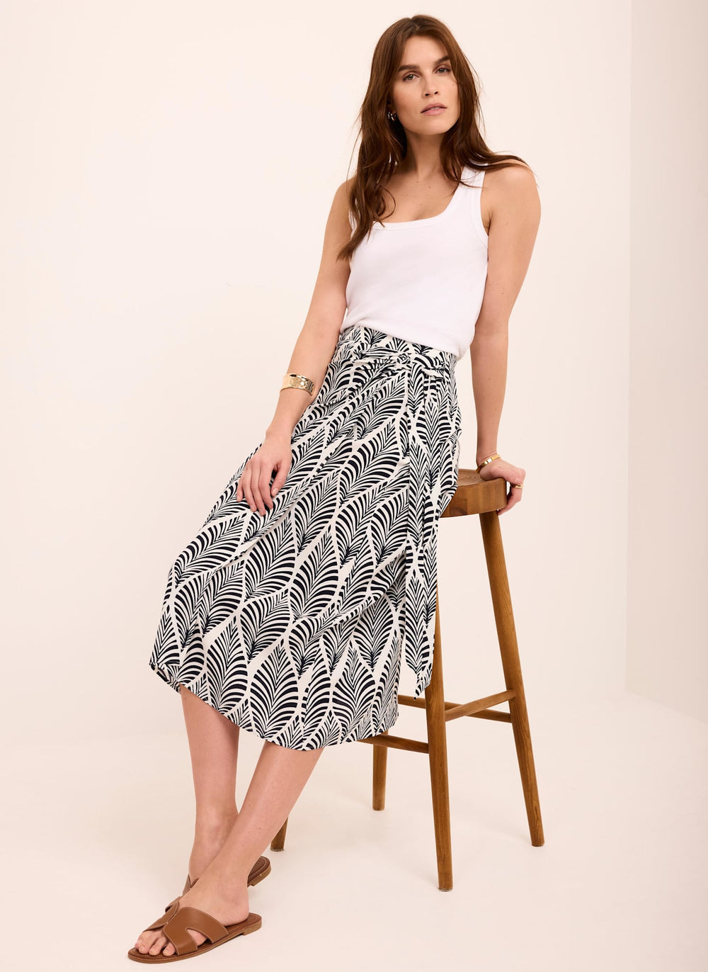Navy Leaf Print Wrap Midi Skirt