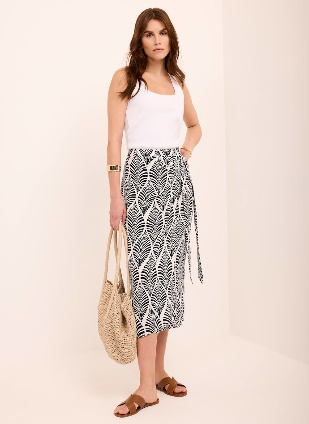 Navy Leaf Print Wrap Midi Skirt