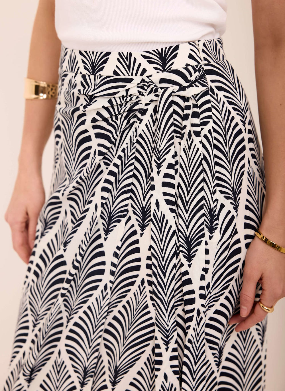 Navy Leaf Print Wrap Midi Skirt
