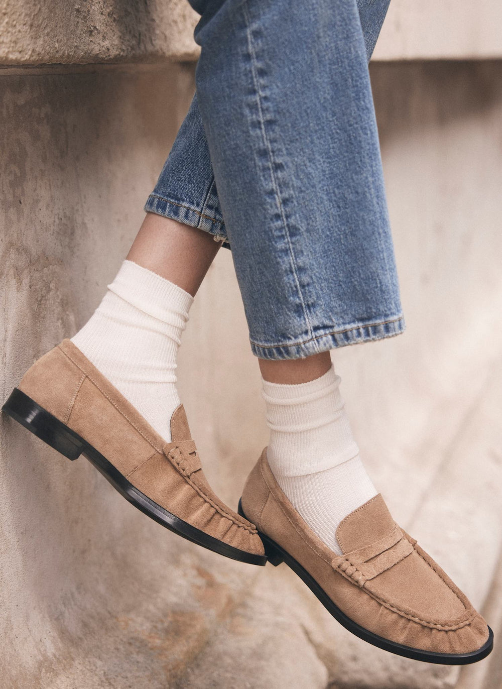 Gigi Neutral Suede Penny Loafers
