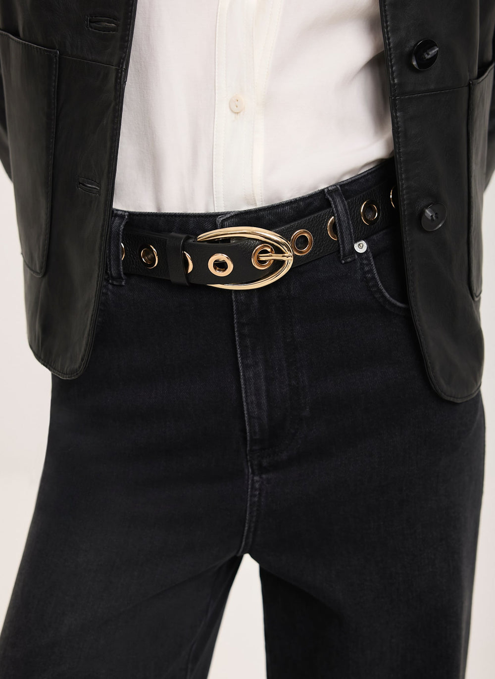 Black Leather Gold Eyelet Belt