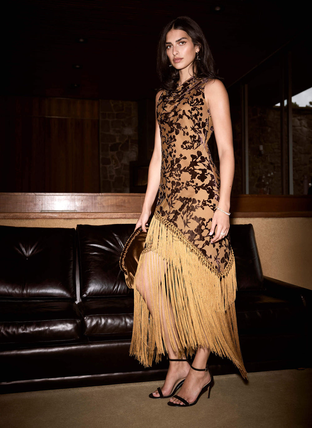 Gold Velvet Asymmetric Fringed Midi Dress