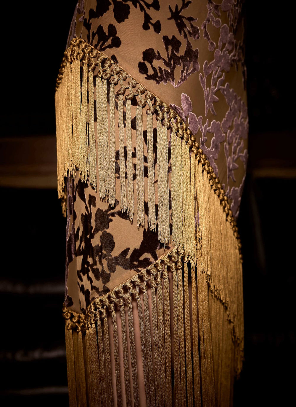 Gold Velvet Asymmetric Fringed Midi Dress