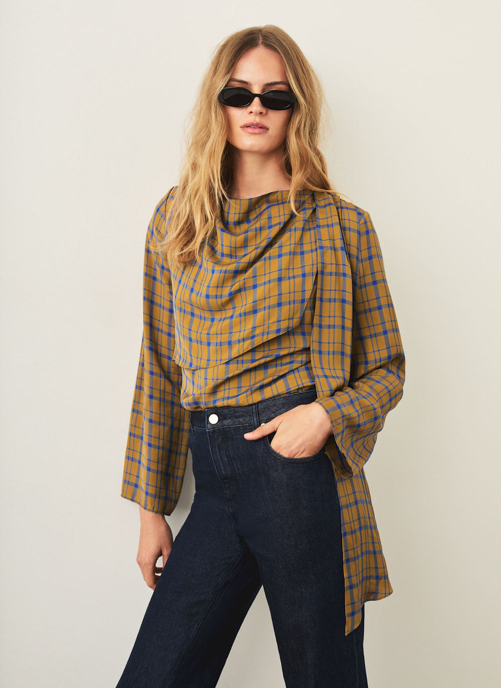 Gold Checked Scarf Detail Top