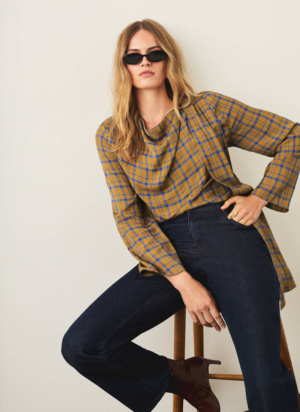 Gold Checked Scarf Detail Top