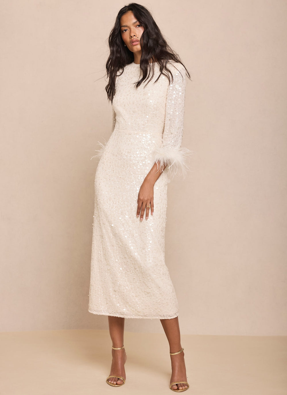 Cream Sequin Feather Trim Midi Dress