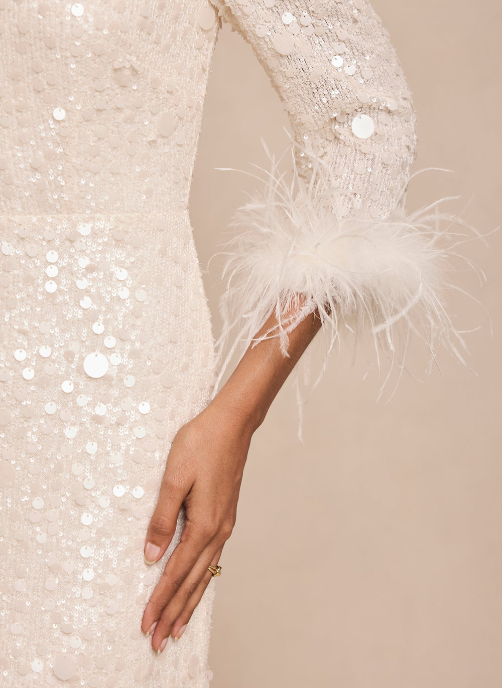 Cream Sequin Feather Trim Midi Dress