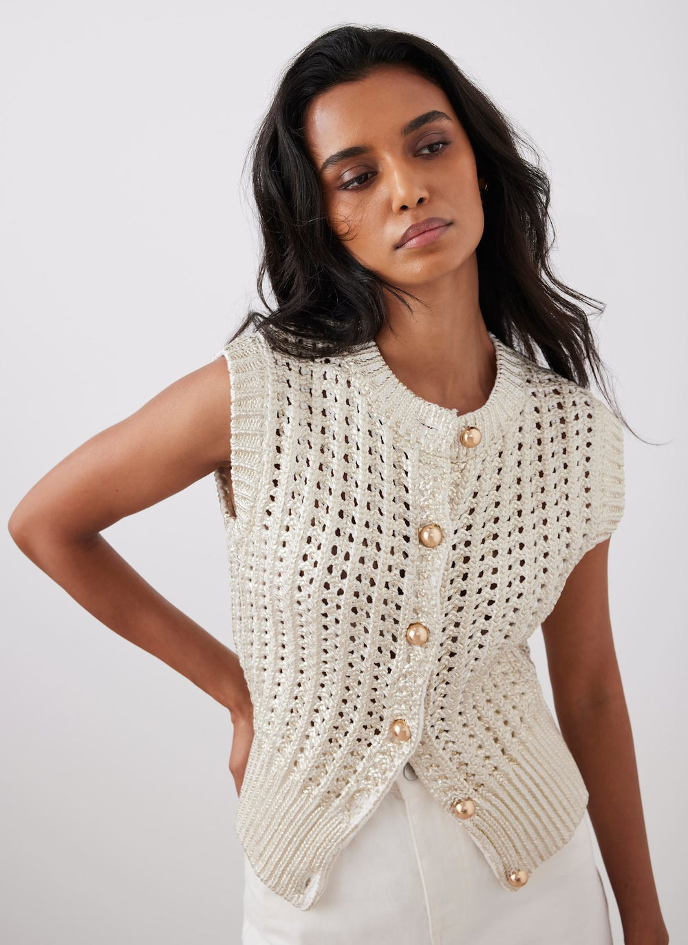 Gold Cotton Blend Foil Knit Waistcoat