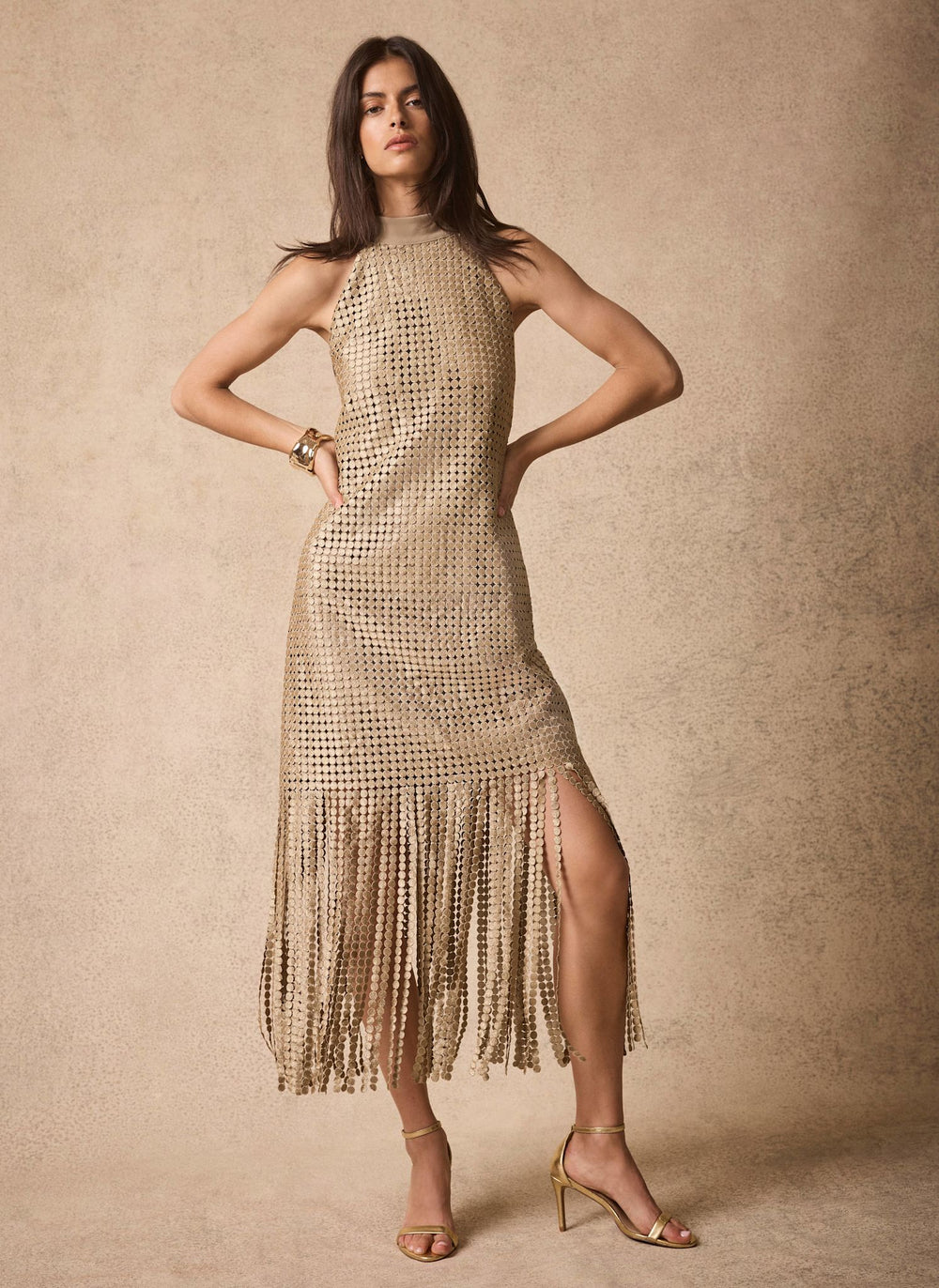 Gold Halter Disc Fringed Mini Dress