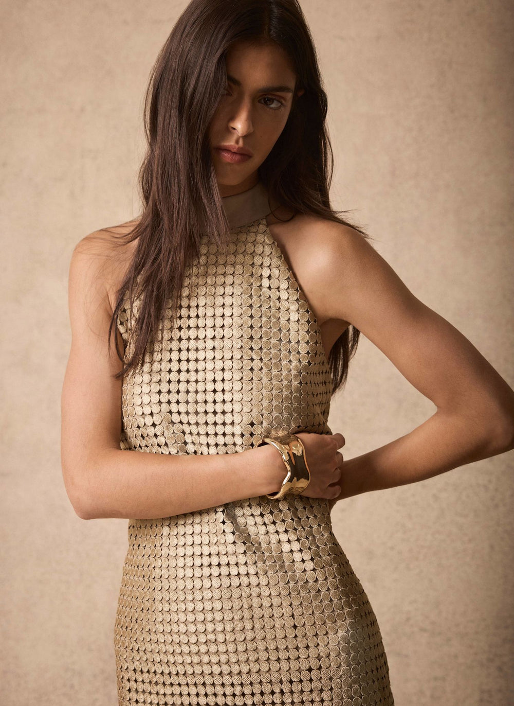 Gold Halter Disc Fringed Mini Dress
