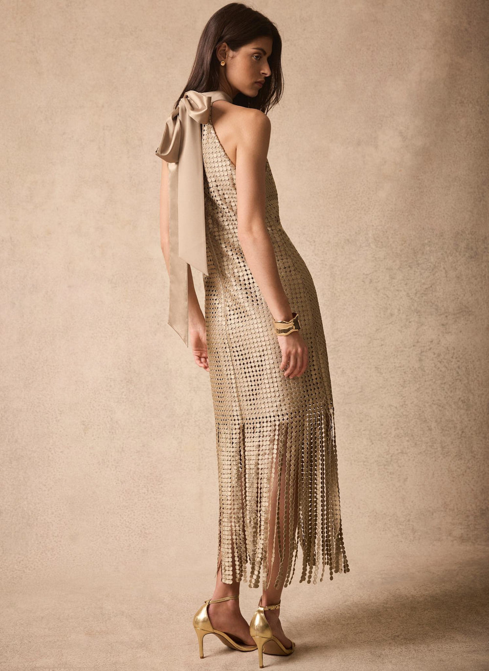 Gold Halter Disc Fringed Mini Dress