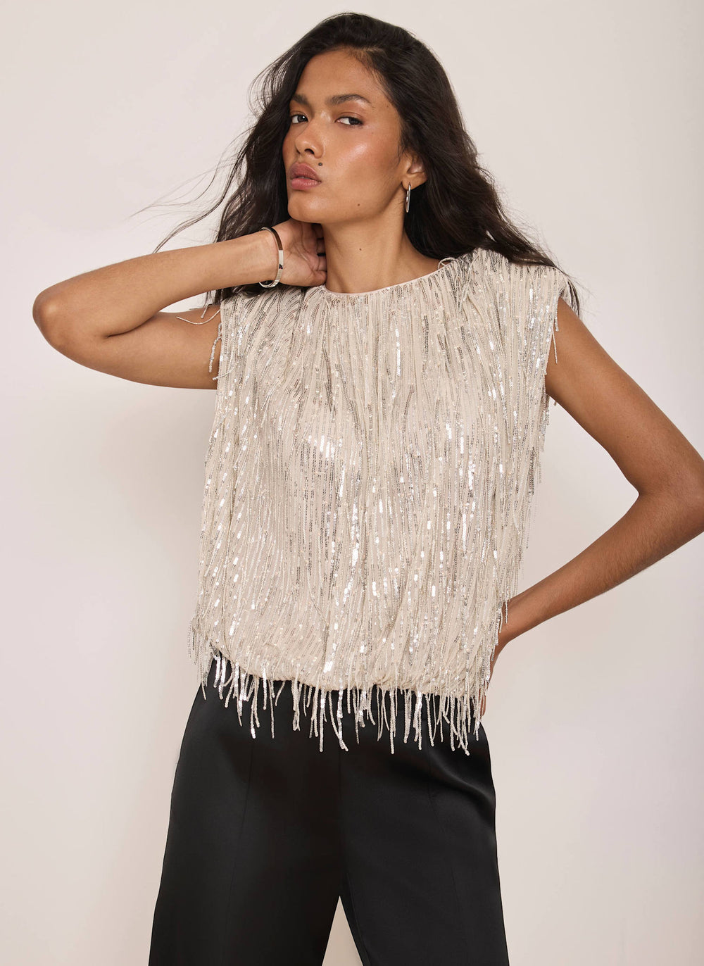 Neutral Sequin Fringe Bubble Hem Top