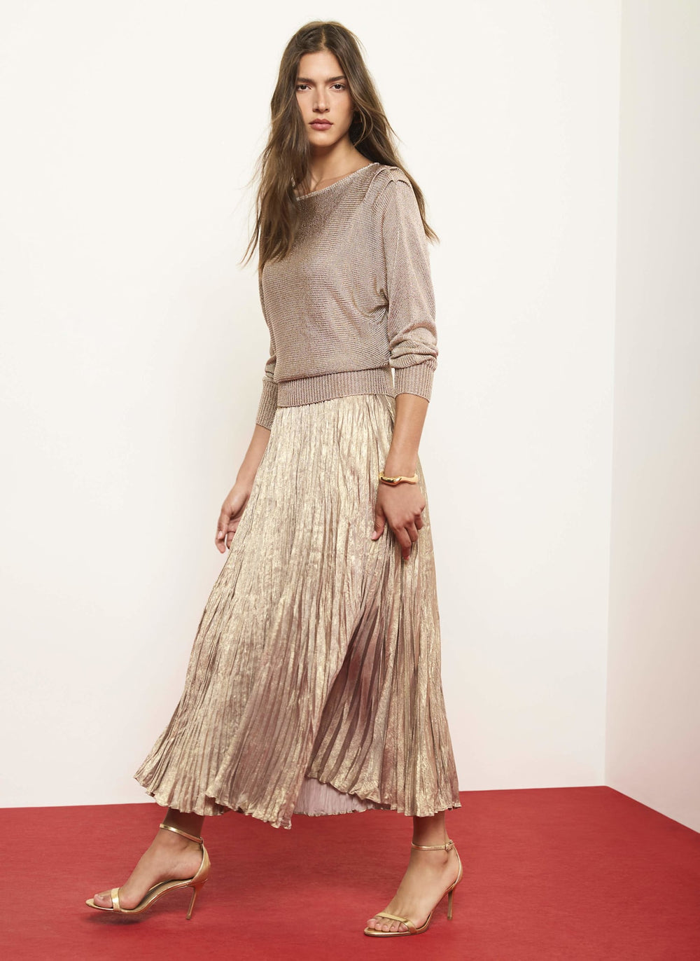 Gold 2-in-1 Metallic Knit Crinkle Midi Dress