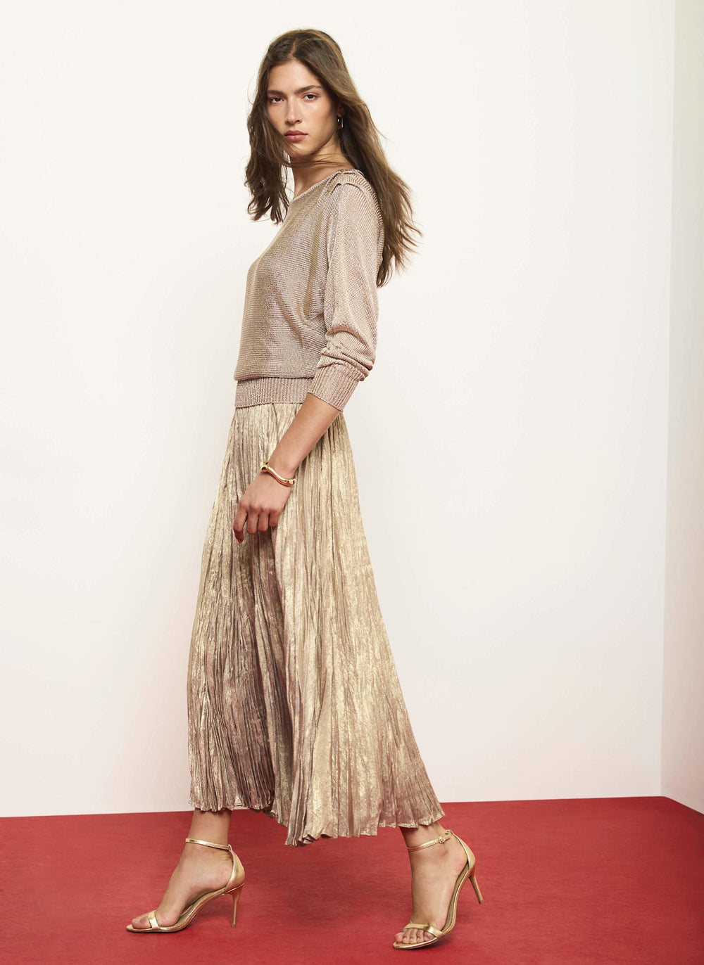 Gold 2-in-1 Metallic Knit Crinkle Midi Dress