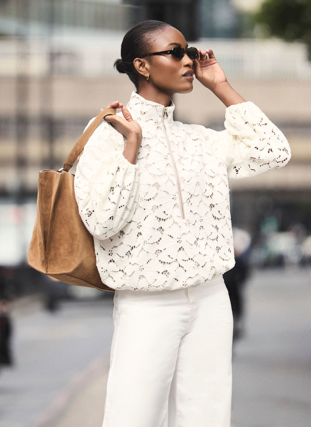 Neutral Lace Zip Detail Bomber Blouse