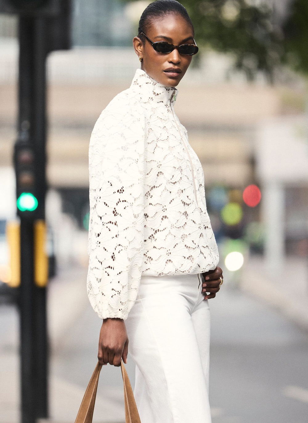 Neutral Lace Zip Detail Bomber Blouse