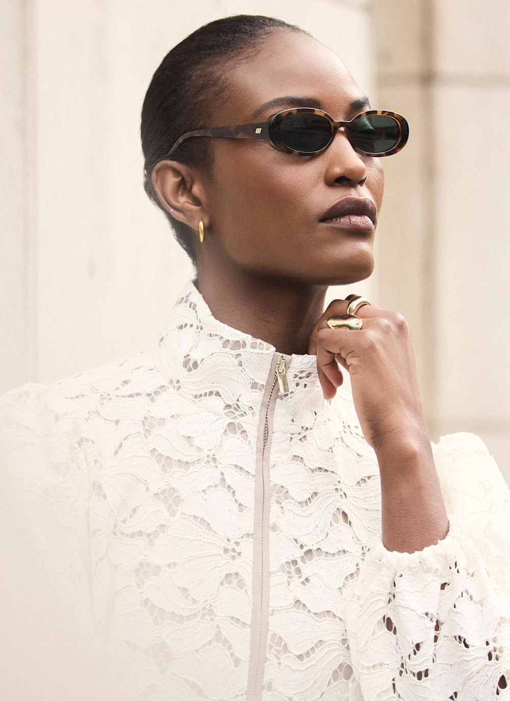 Neutral Lace Zip Detail Bomber Blouse