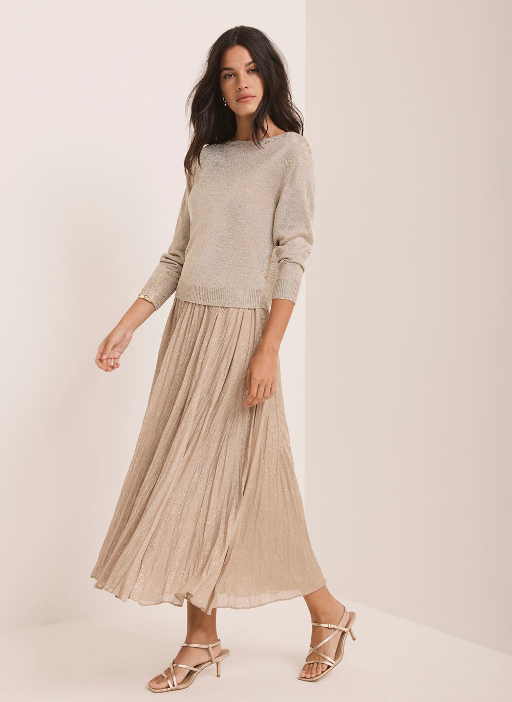 Gold Metallic Knit Layered Jumper Dress