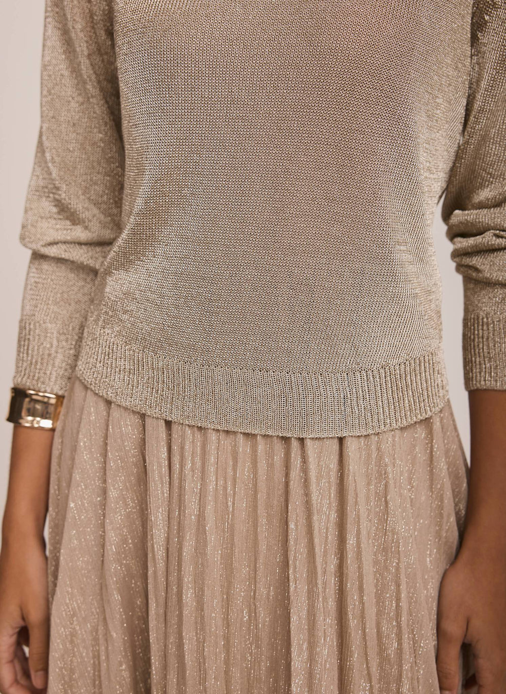 Gold Metallic Knit Layered Jumper Dress