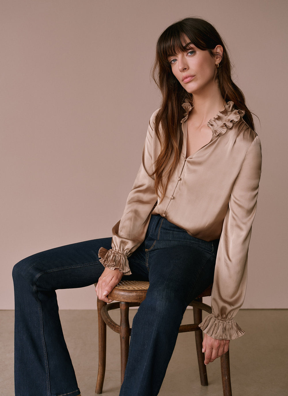 Gold Ruffle Detail Satin Blouse